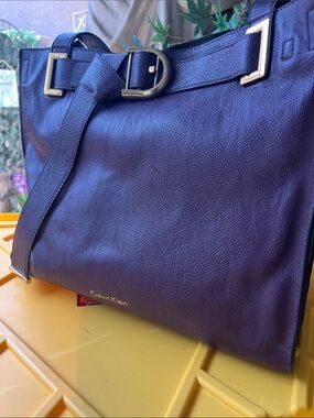 Calvin Klein Deep Plum Leather Shoulder Bag with Gold-Tone Accents
